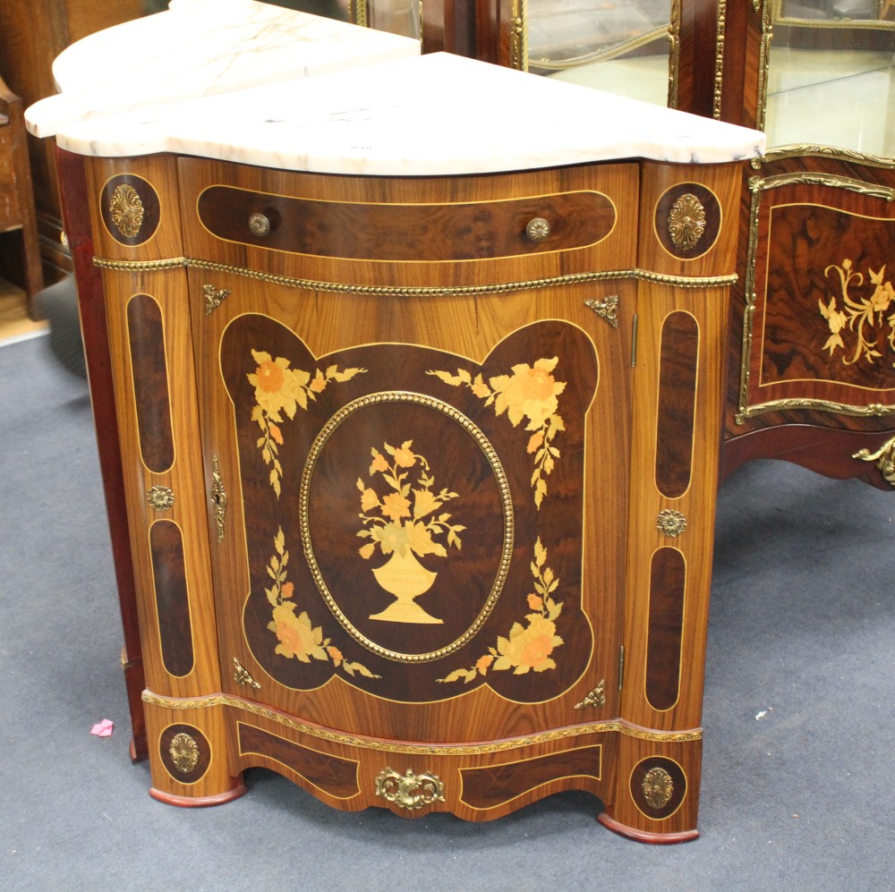 A pair of Meuble Francais marquetry inlaid corner cabinets, W.75cm D.47cm H.90cm